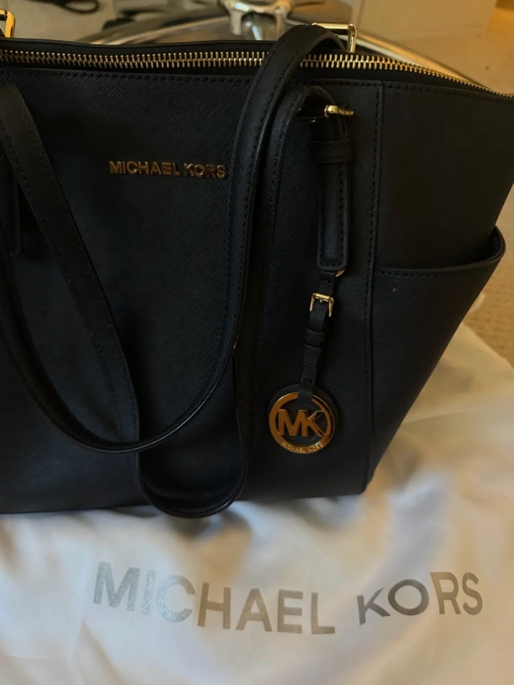 Michael Kors Black Saffiano Leather Double-Handle Tote with Gold Hardware